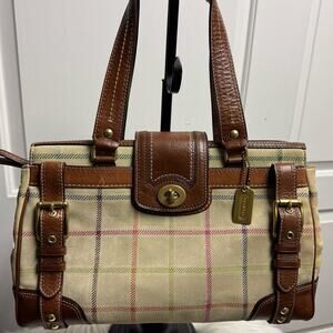 COACH SUEDE TATTERSALL PLAID LARGE SATCHEL